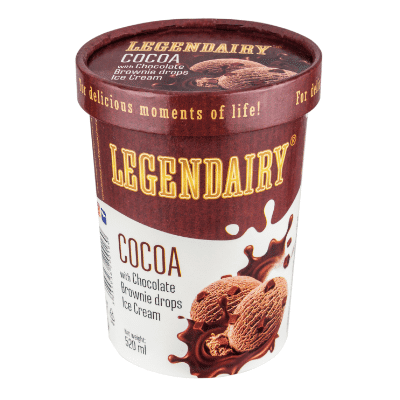 Picture of 'Legendairy' cocoa flavour ice cream with chocolate brownie drops in a tub