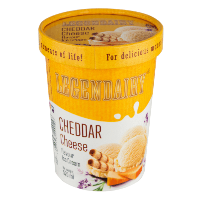 Picture of 'Legendairy' cheddar cheese flavour ice cream in a tub