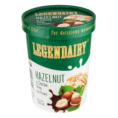 Picture of 'Legendairy' hazelnut and cocoa flavour ice cream in a tub