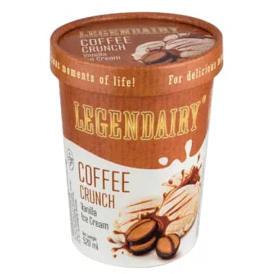 Picture of 'Legendairy' vanilla flavour ice cream in a tub with coffee crunch