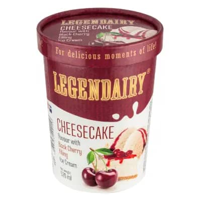 Picture of 'Legendairy' cheesecake flavour ice cream with black cherry filling in a tub