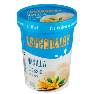 Picture of 'Legendairy' vanilla flavour ice cream in a tub